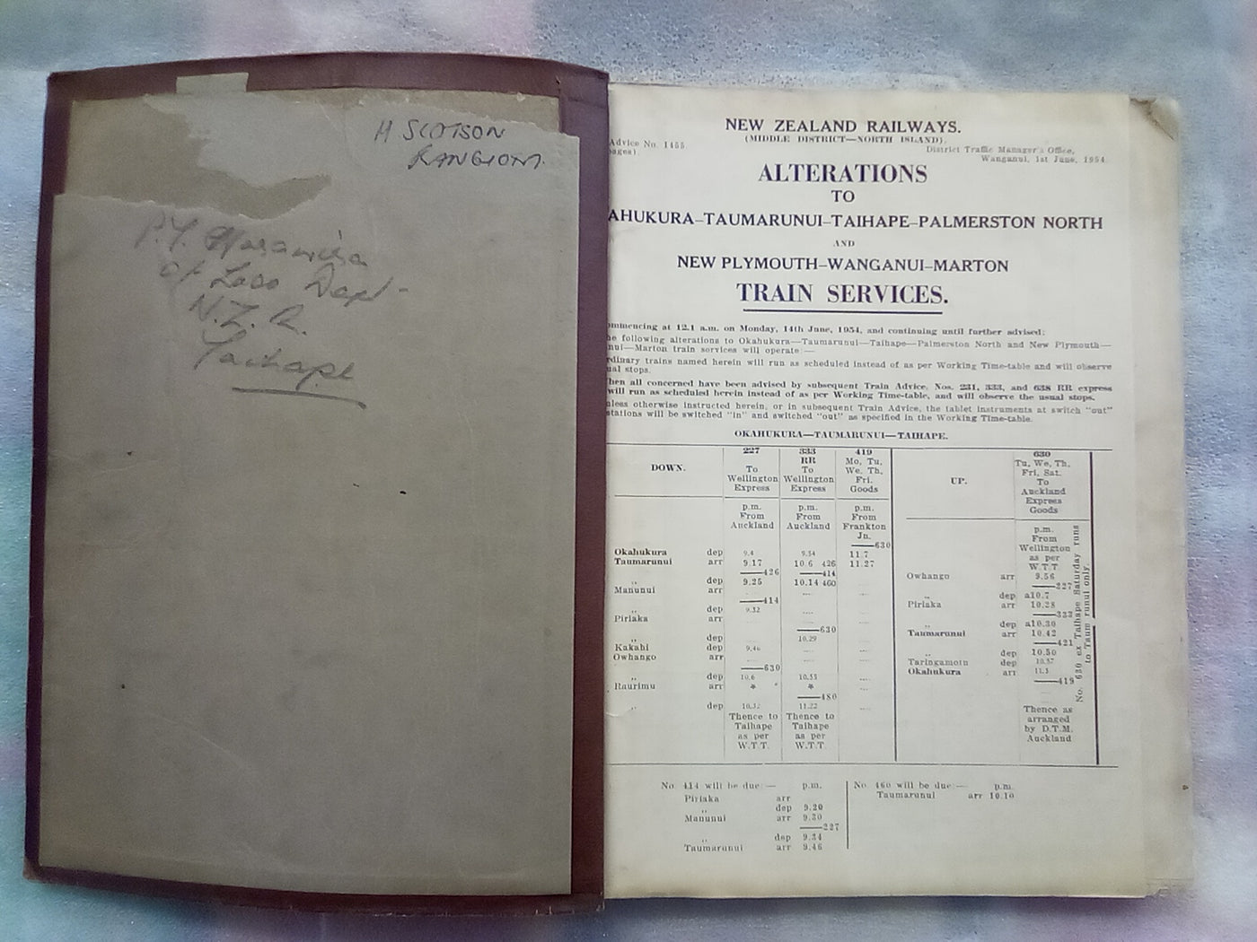 NZR Working Timetable - North Island - Middle District Alterations 1954