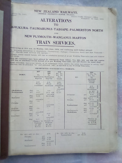 NZR Working Timetable - North Island - Middle District Alterations 1954