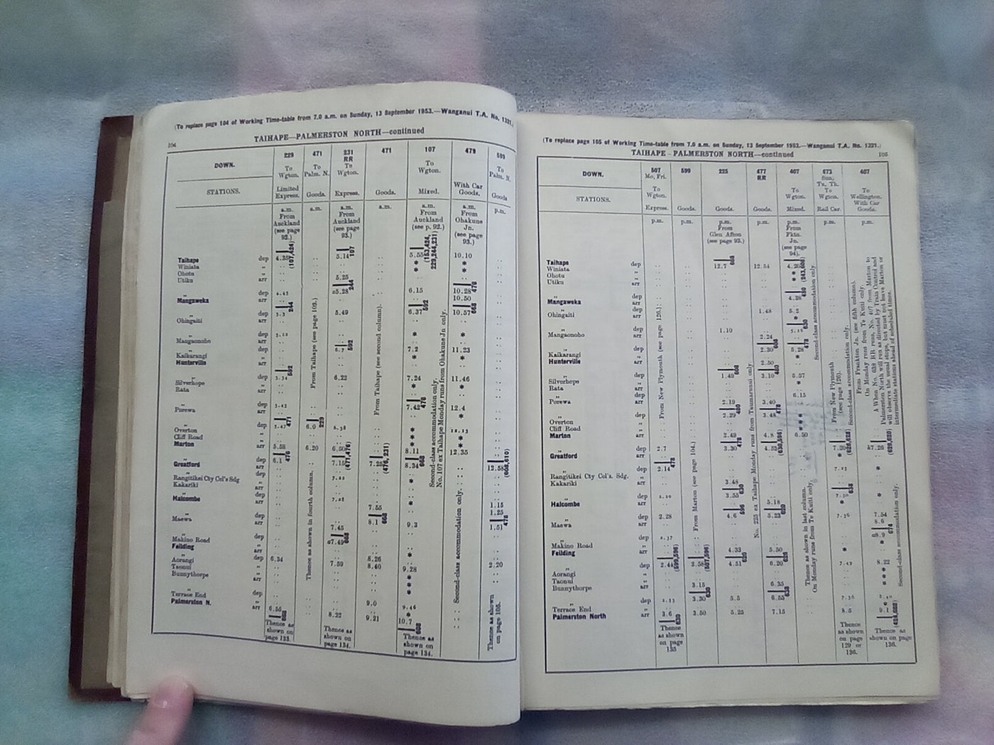 NZR Working Timetable - North Island - Middle District Alterations 1954