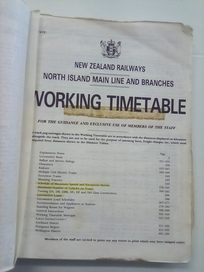 NZR Working Timetable - North Island Main Line & Branches