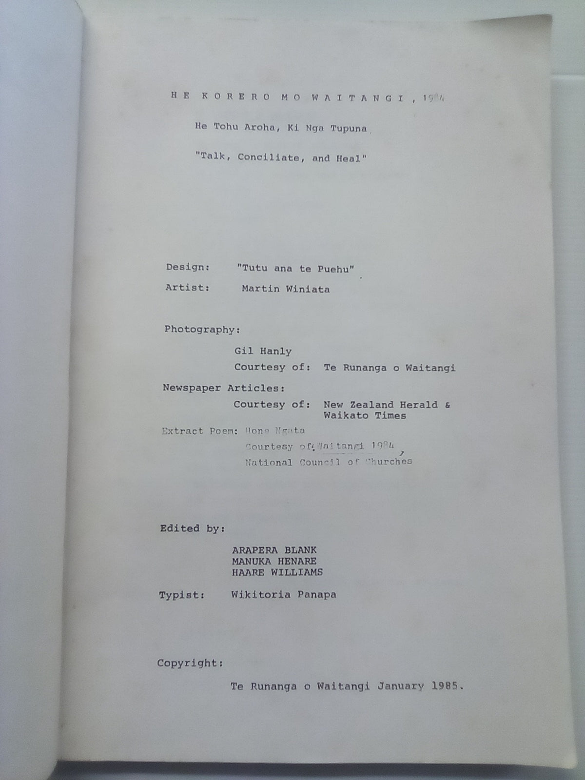 He Korero Mo Waitangi 1984 - He Tohu Aroha, Ki Nga Tupuna