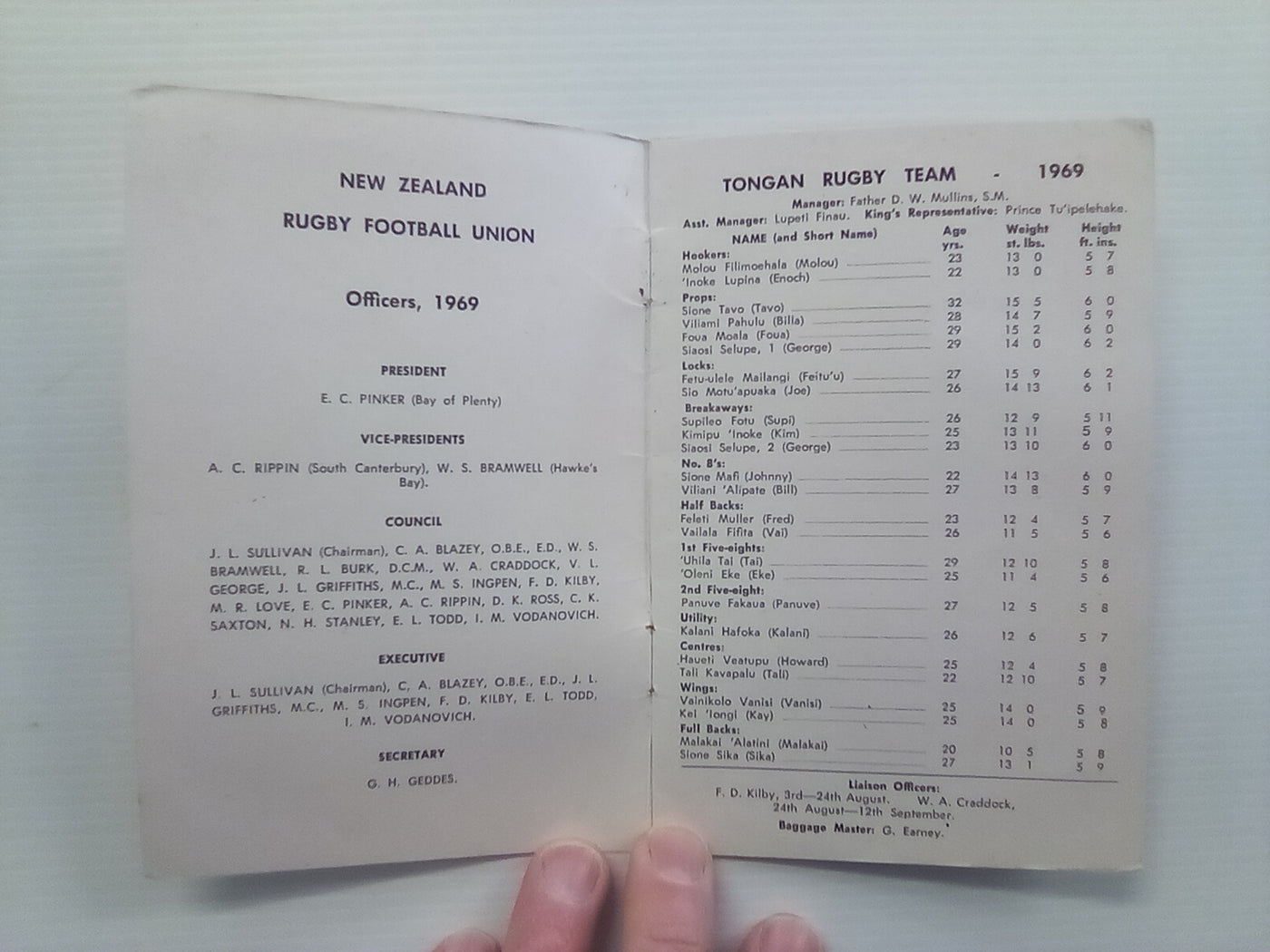 SIGNED 1969 Tongan Rugby Team New Zealand Tour Itinerary