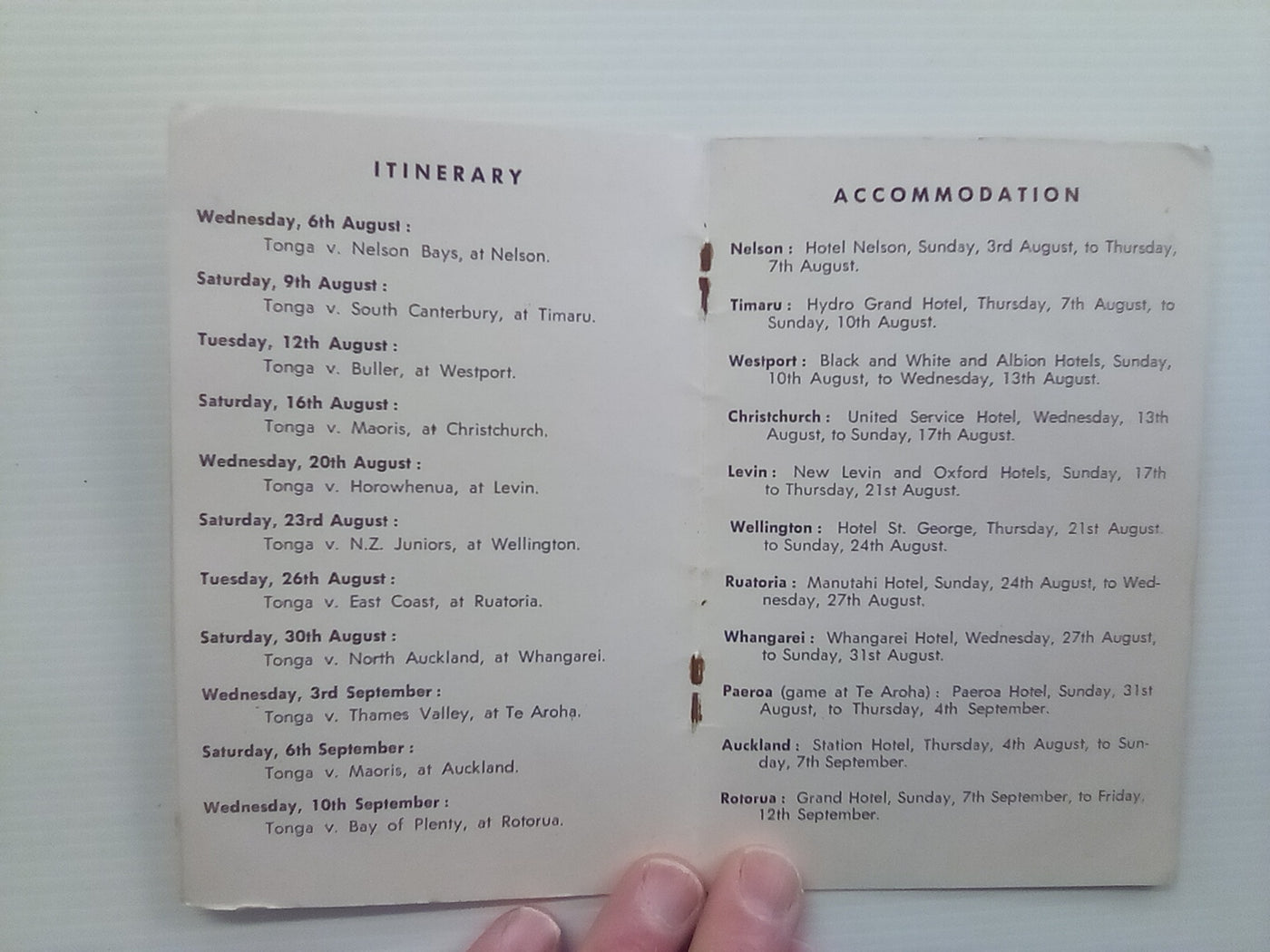 SIGNED 1969 Tongan Rugby Team New Zealand Tour Itinerary