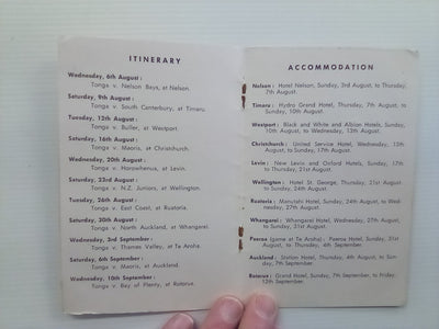 SIGNED 1969 Tongan Rugby Team New Zealand Tour Itinerary