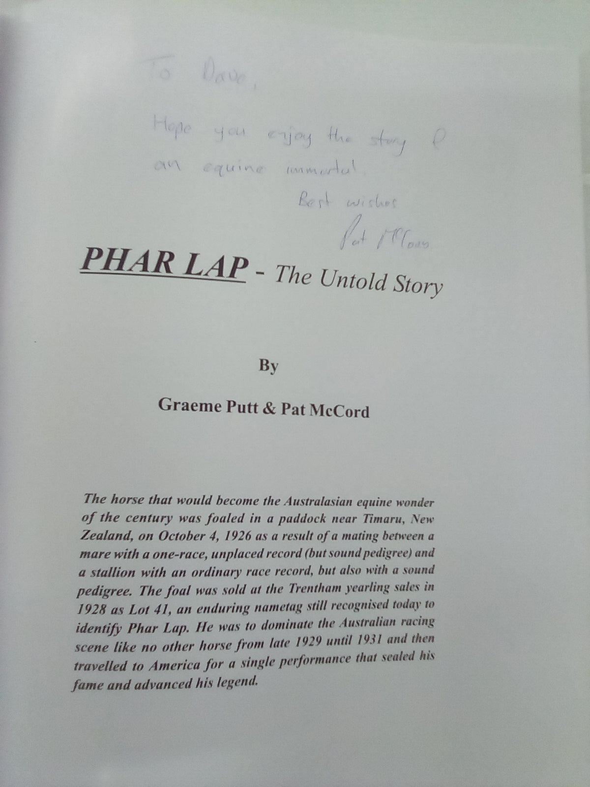 Phar Lap - The Untold Story (SIGNED COPY) by Graeme Putt & Pat McCord