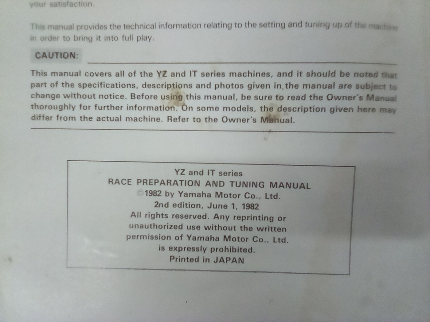 Factory Team Yamaha Race Preparation & Tuning Manual - YZ and IT Models (1982)