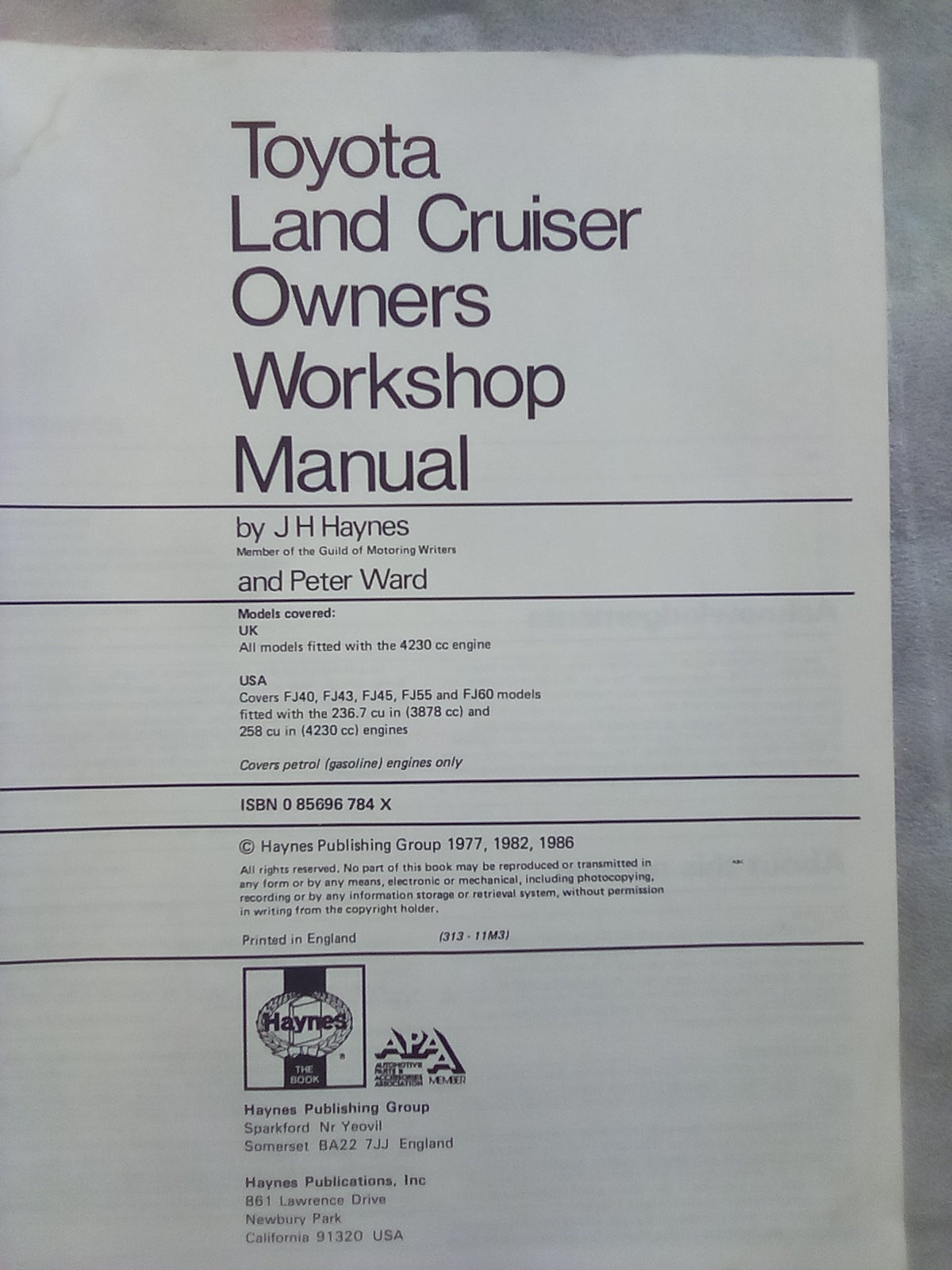 Toyota Land Cruiser Haynes Manual 1968-1982 FJ40,43,45,55 & 60