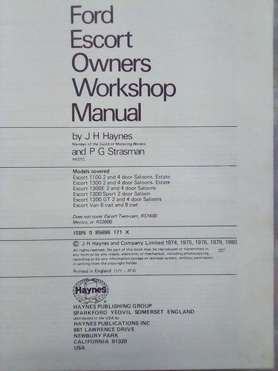 Haynes Ford Escort Workshop Manual 1968 to 1974 (1100 & 1300cc)