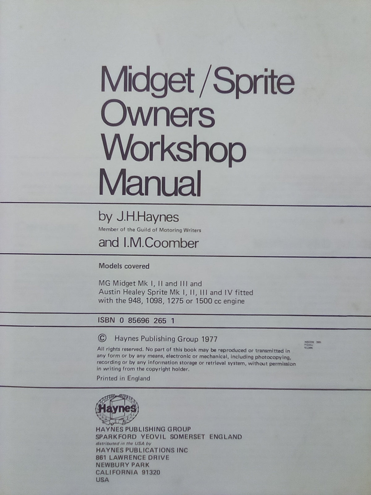 MG Midget & Austin Healey Sprite 1958 to 1978 All Models Haynes Manual