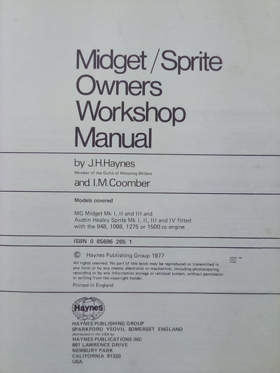 MG Midget & Austin Healey Sprite 1958 to 1978 All Models Haynes Manual