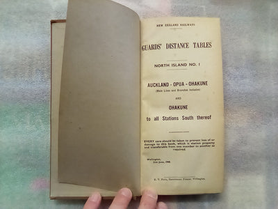 New Zealand Railways Guards Distance Tables North Island Auckland - Opua - Ohakune (1948)