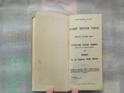 New Zealand Railways Guards Distance Tables South Island Lyttelton - Picton - Oamaru (1950)