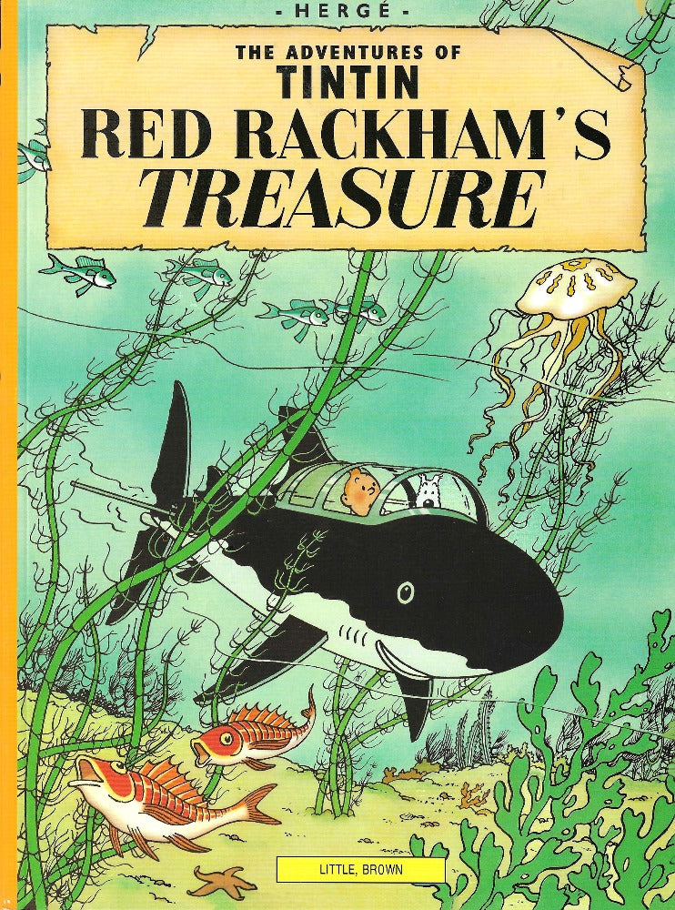 This image is of the cover for a new copy of Red Rackham’s Treasure by Hergé. Note: we put each of our Tintin books in a comic bag.