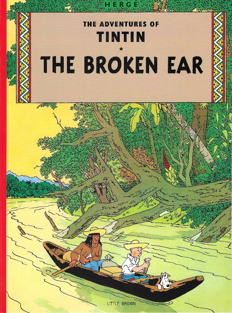 This image is of the cover for a new copy of The Broken Ear by Hergé. Note: we put each of our Tintin books in a comic bag.