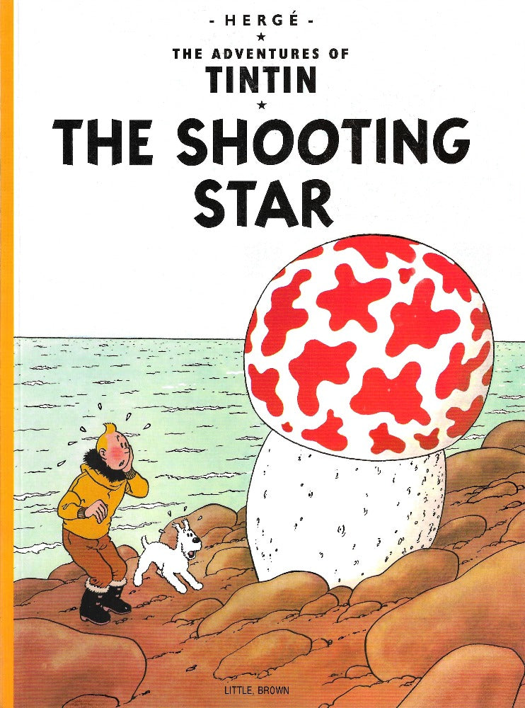 This image is of the cover for a new copy of The Shooting Star by Hergé. Note: we put each of our Tintin books in a comic bag.